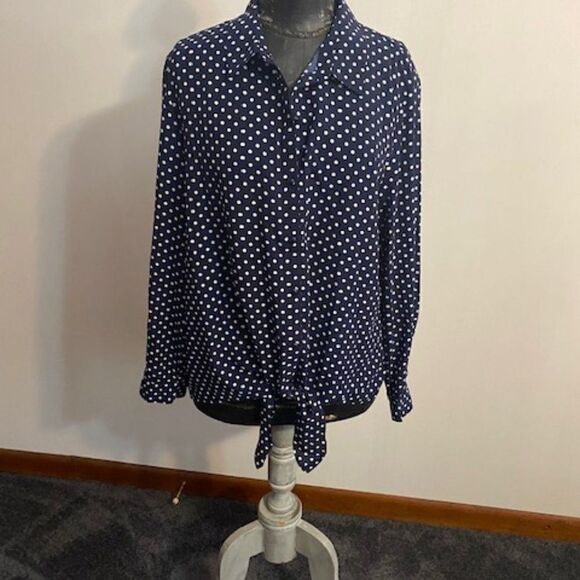 Susan Graver Blue/White Polka Dot Button down Tie waist blouse, size 16 - Picture 2 of 4